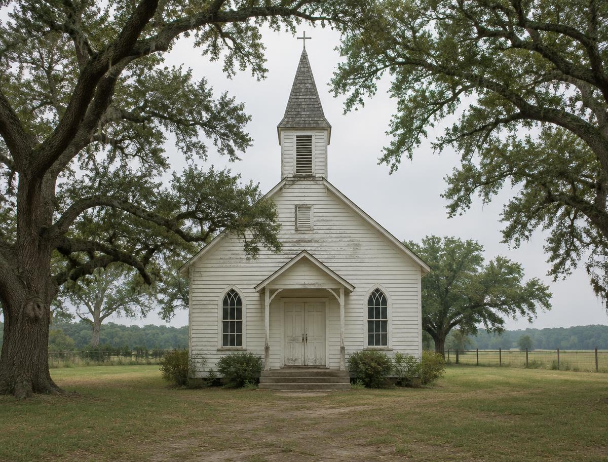 A small white country chapel beneath sprawling live oak trees