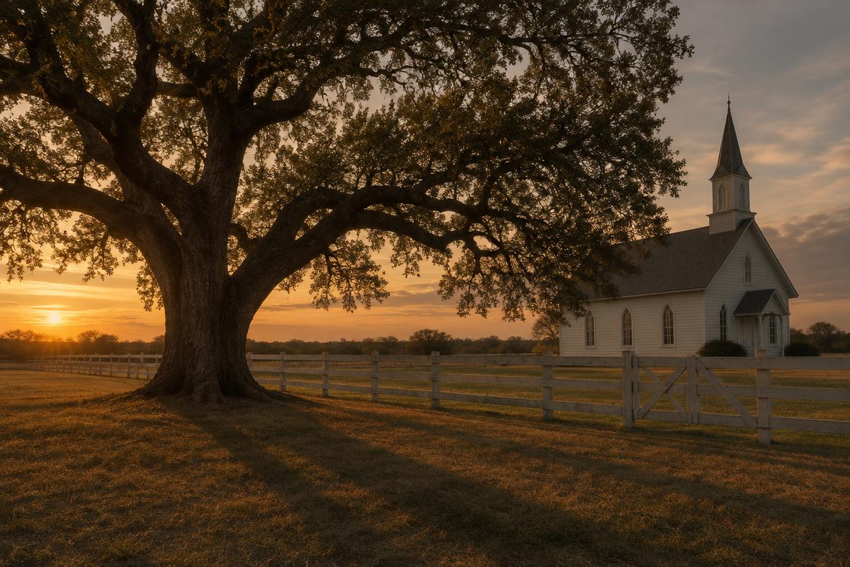 A sprawling oak tree beside a country churchyard fence at dusk