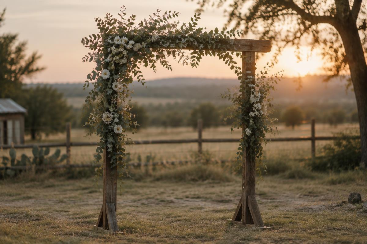 A wooden wedding arch dressed with white wildflowers in a Texas country yard at golden hour